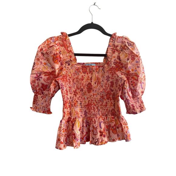 CeCe Womens XS Orange Floral Puff Sleeve Smocked Top Square Neck Prairie #5128 - Picture 1 of 10